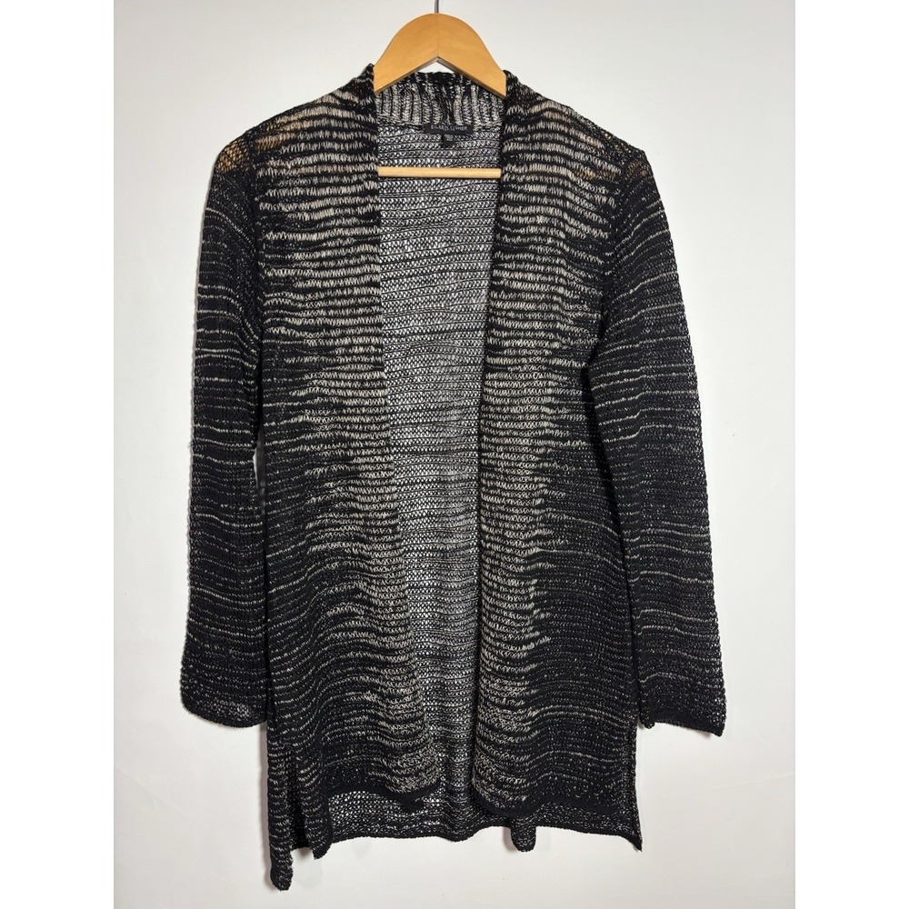 Eileen Fisher Cardigan Womens PM Black Space Dye Open Front Wool Linen Knit